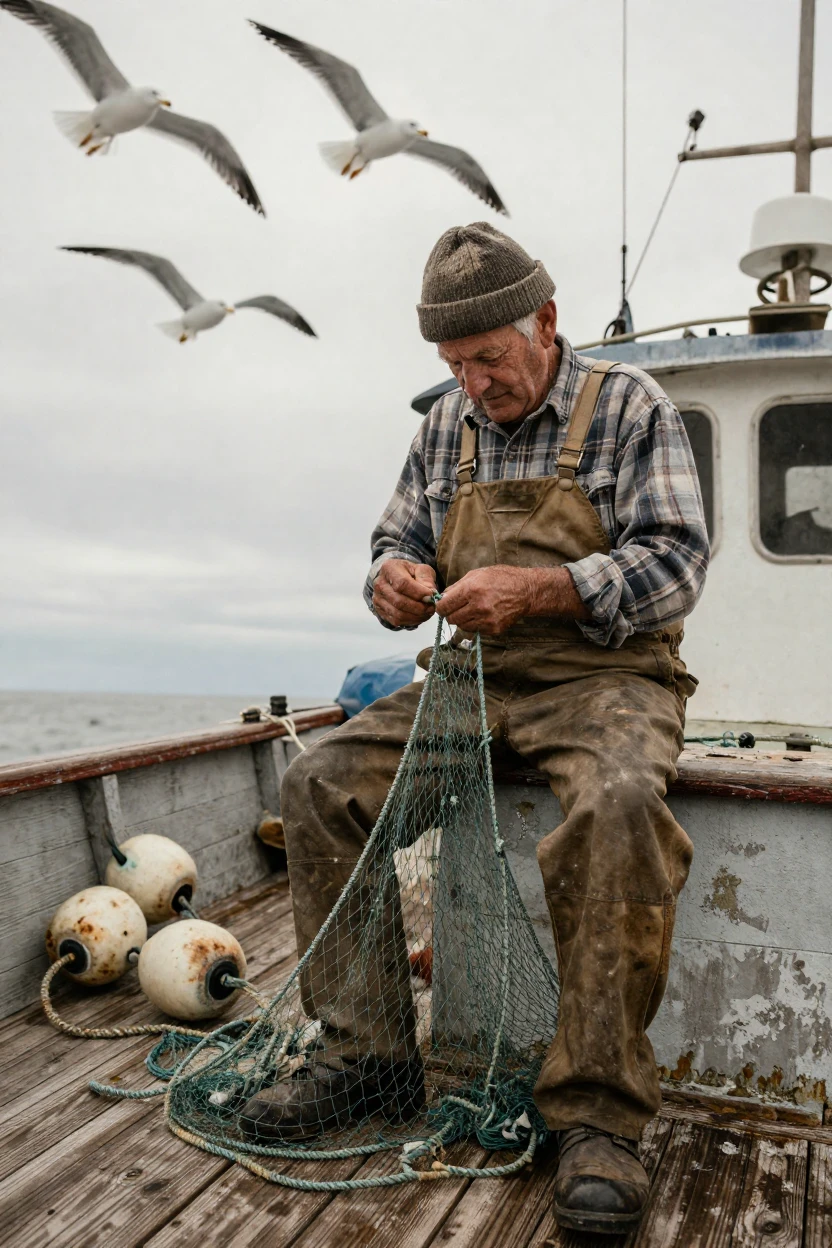 An old fisherman mends a torn net on the deck of his boat as gulls circle overhead.