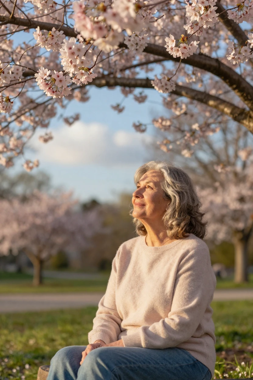 A retired woman watching the clouds drift slowly by beneath a blossoming cherry tree, a gentle smile crossing their face