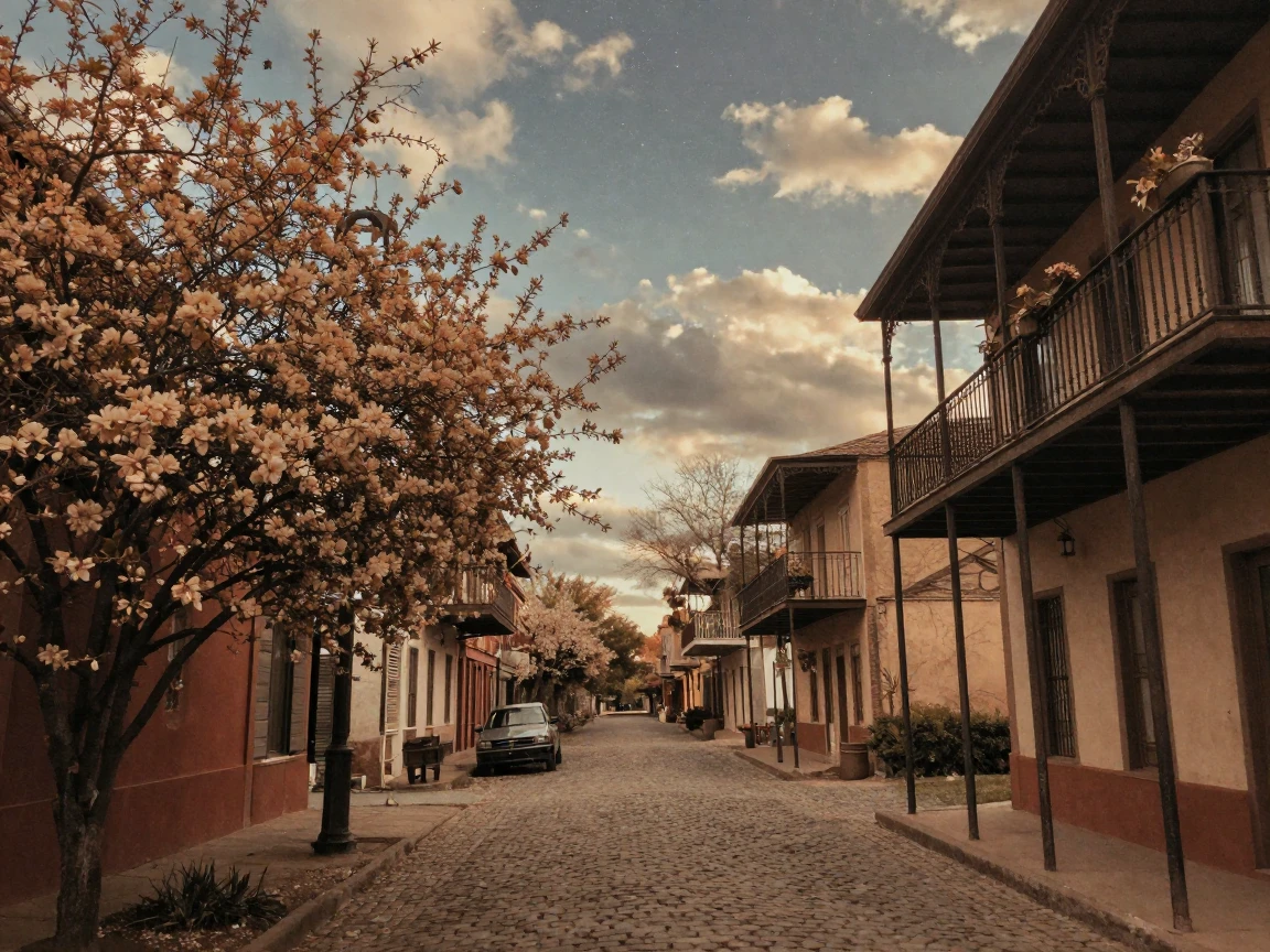 A narrow cobblestone street lined with wrought-iron balconies, under a canopy of stars, under scattered clouds, as spring blossoms unfurl, in earthy terracotta and ochre shades, from behind, looking toward the horizon.