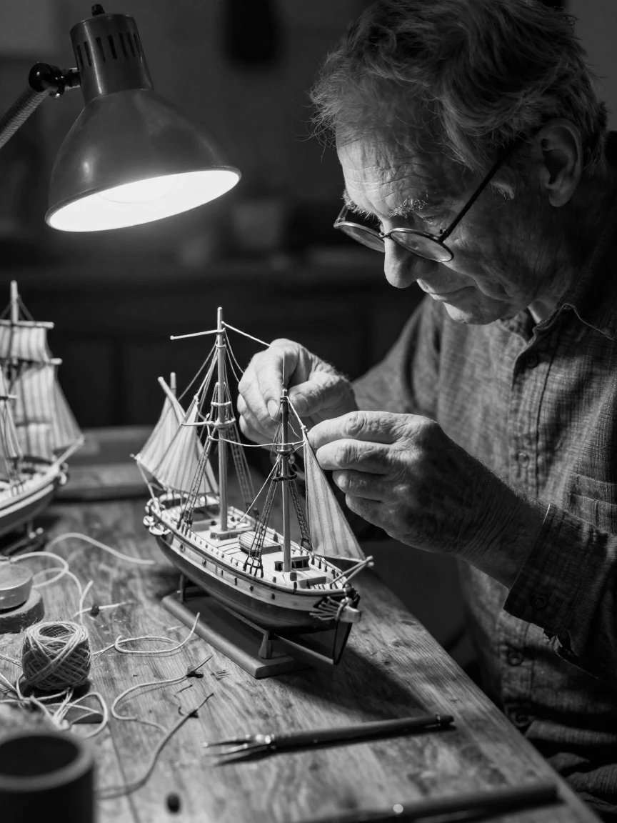 A model ship builder glues tiny rigging into place beneath a magnifying lamp.