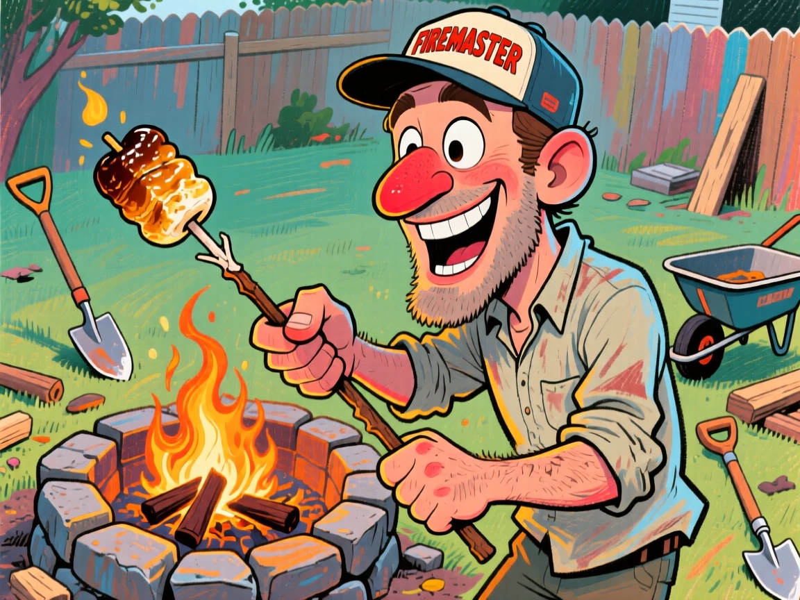 A man building a backyard fire pit, marshmallow roasting stick in hand.