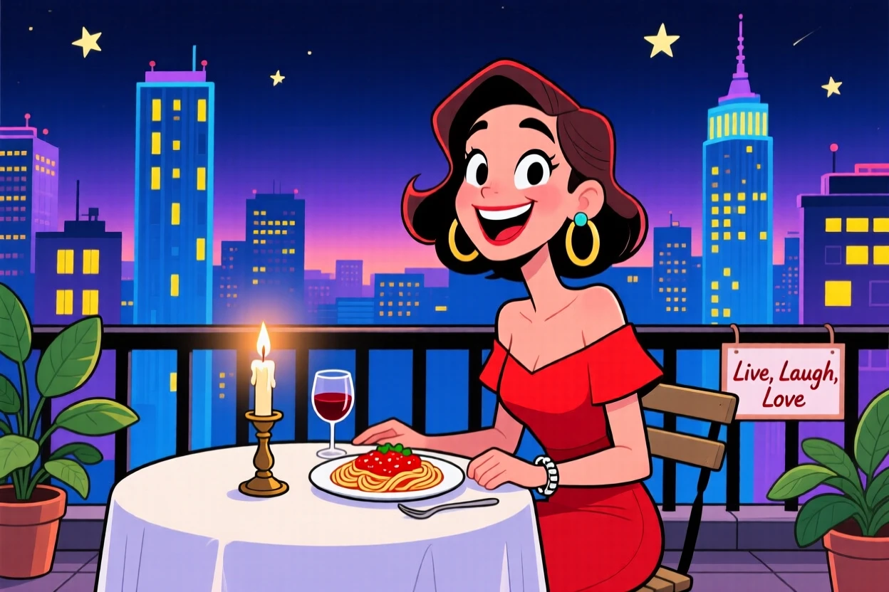 An aspirational lifestyle scene of a stylish woman enjoying a candlelit dinner on a rooftop terrace, as the city skyline glitters below.