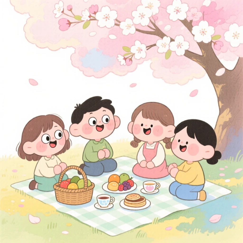 A charming seasonal scene of a springtime picnic beneath a cloud of cherry blossoms