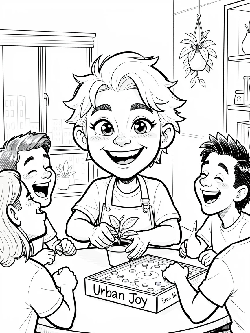 [Trending & Universal Topics] Modern lifestyle scene of a cheerful urban gardener hosting a lively game night with friends, capturing everyday joy