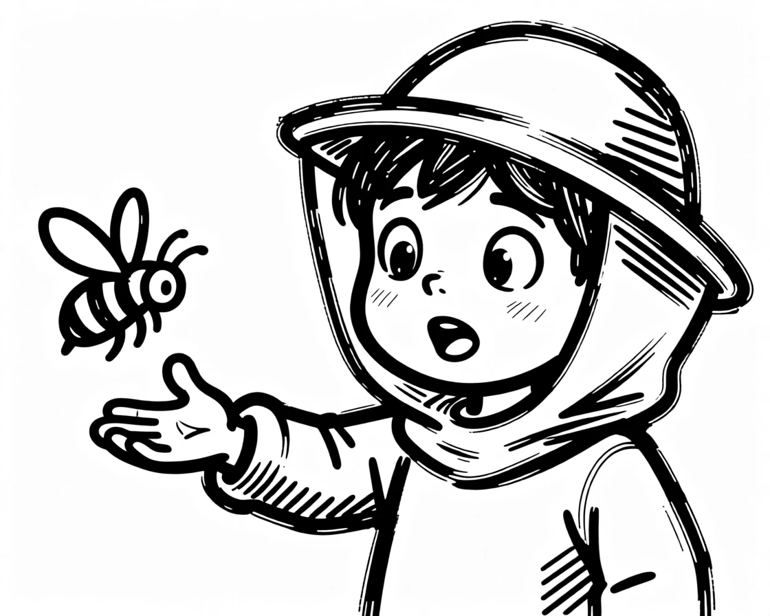 A beekeeper's child fearlessly holding out a hand to a gentle, curious bee.