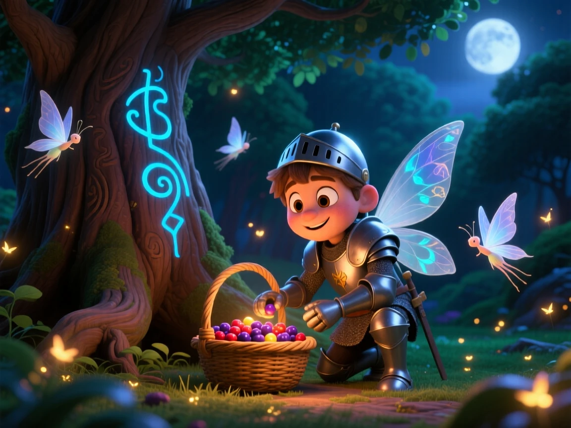 A knight in silver armor stands beside an ancient tree with glowing runes carved into its bark, gathering glowing berries into a basket. A gentle sense of wonder radiates through the air, with delicate wings catching the moonlight.