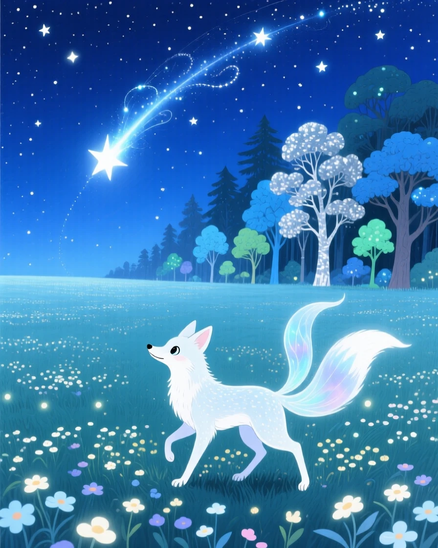 A moonlit fox spirit pauses from chasing a comet across a starry meadow to marvel at an enchanted forest, with the whole scene bathed in soft moonlight.