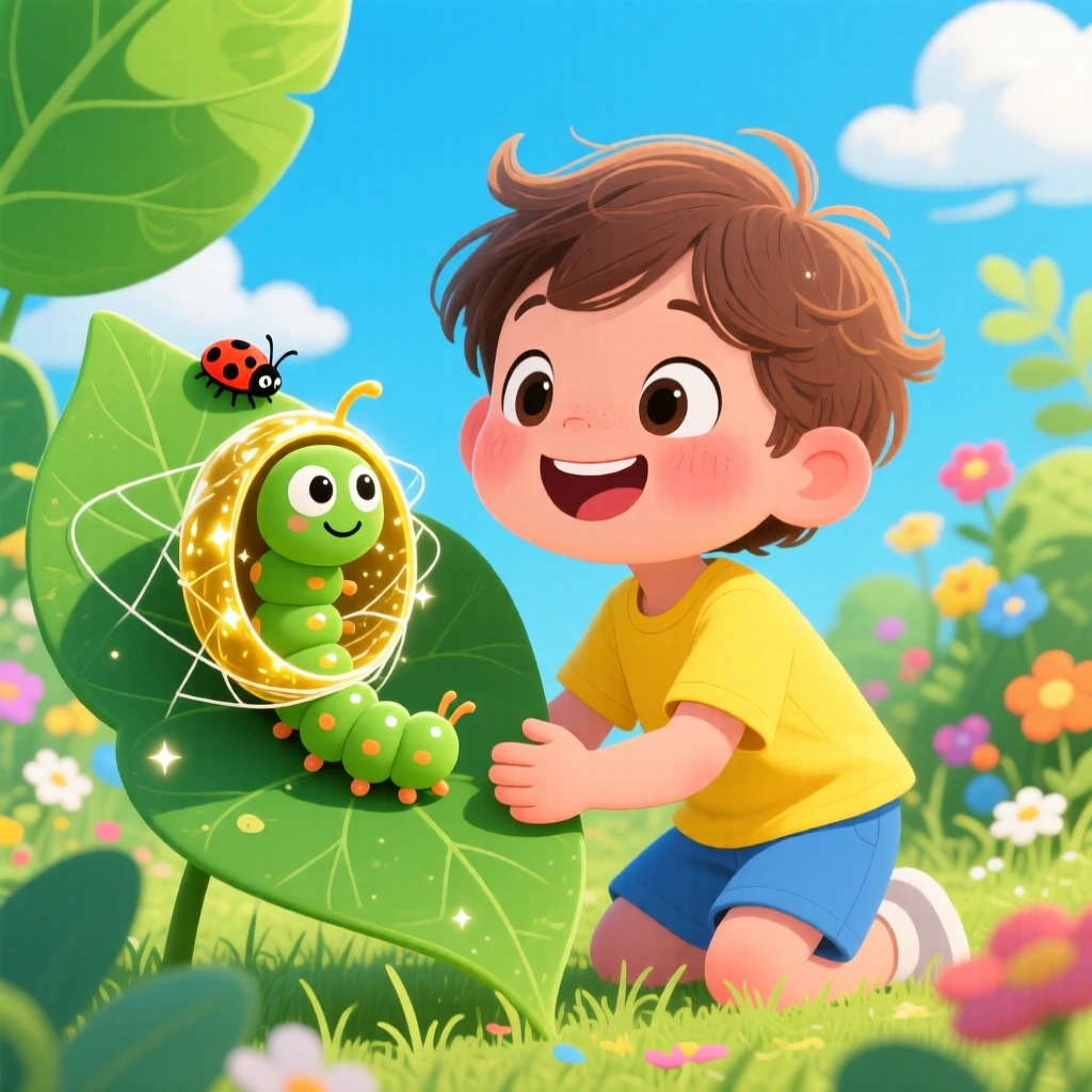 A child watching a caterpillar slowly form a chrysalis on a leaf.
