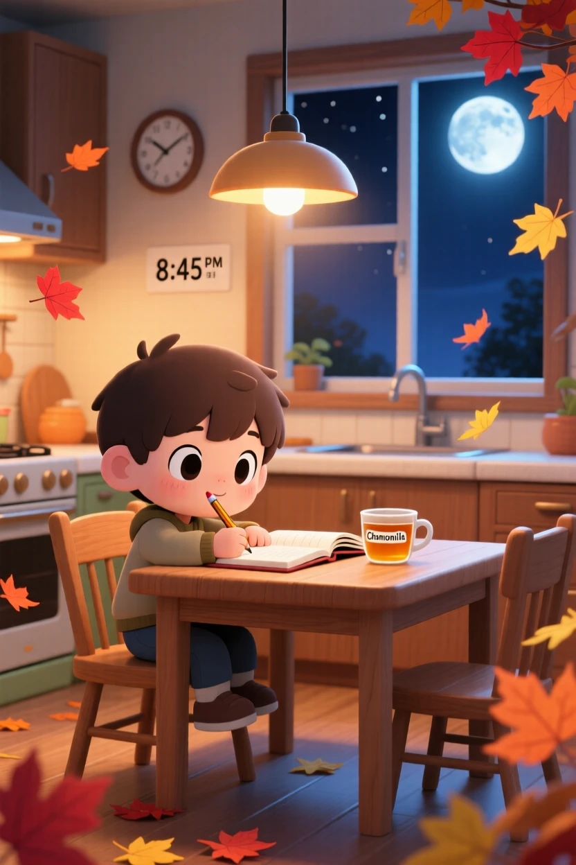 A small boy doing homework at the kitchen table, framed as a worm's-eye view within a warmly lit kitchen, with autumn leaves swirling around, glowing under soft moonlight, evoking quiet contentment.
