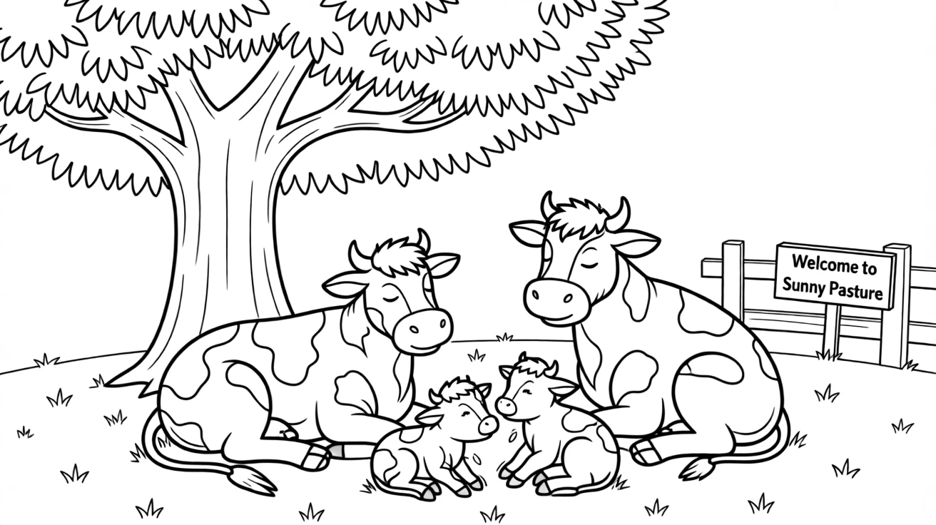 A cow family resting under a shady tree in a pasture
