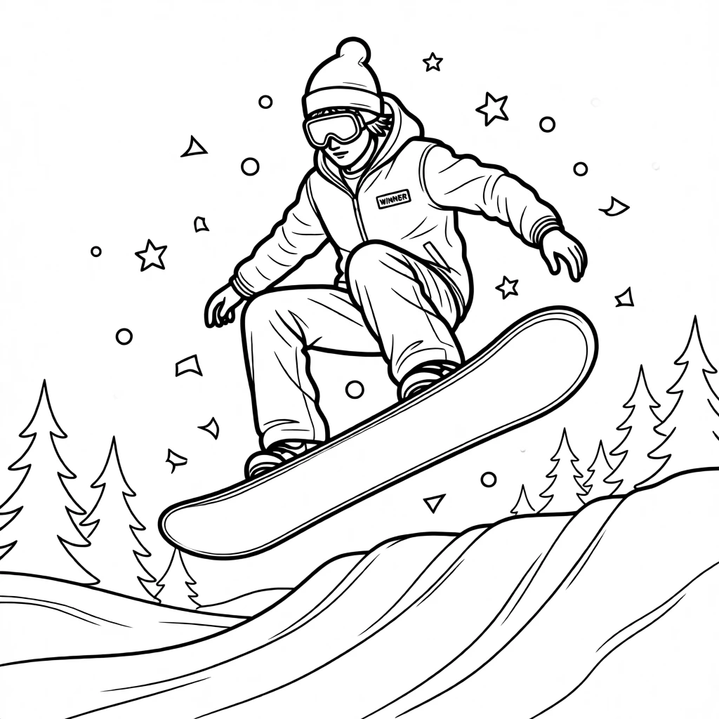 A snowboarder catching air above a snowy jump, with confetti raining down after the winning moment.