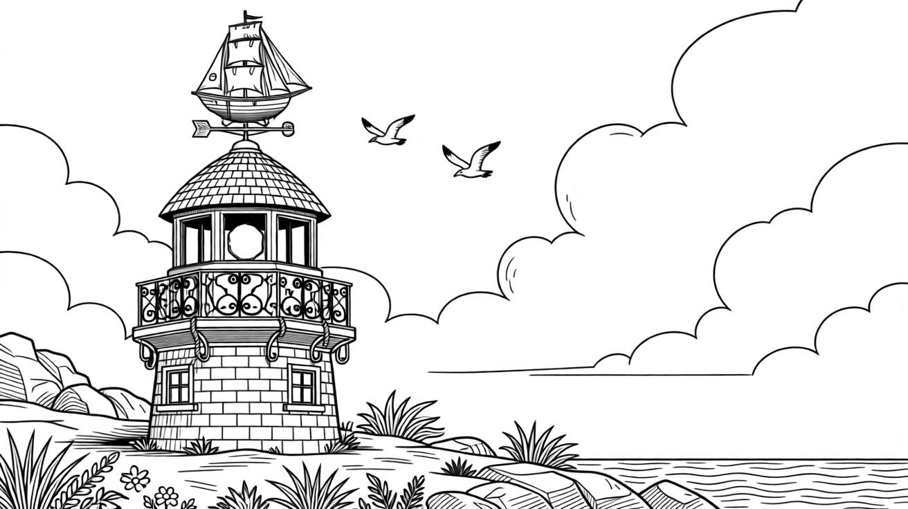 A vintage sailboat weathervane spinning atop a lighthouse roof.