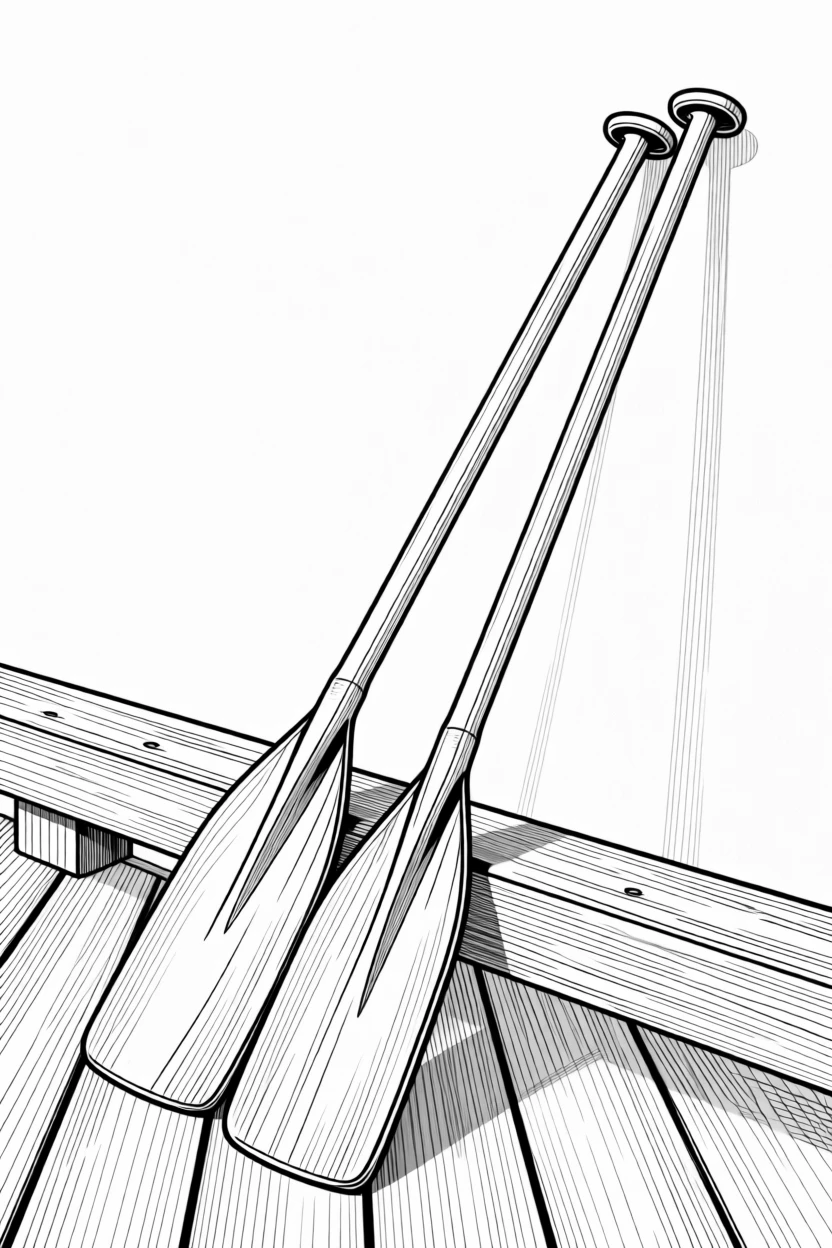 A pair of oars resting against a wooden dock