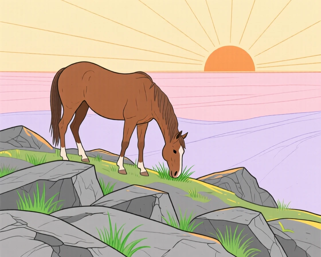 A grazing horse exploring on a rocky hillside at sunrise.