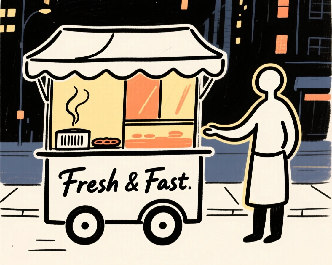 A city street food cart at night