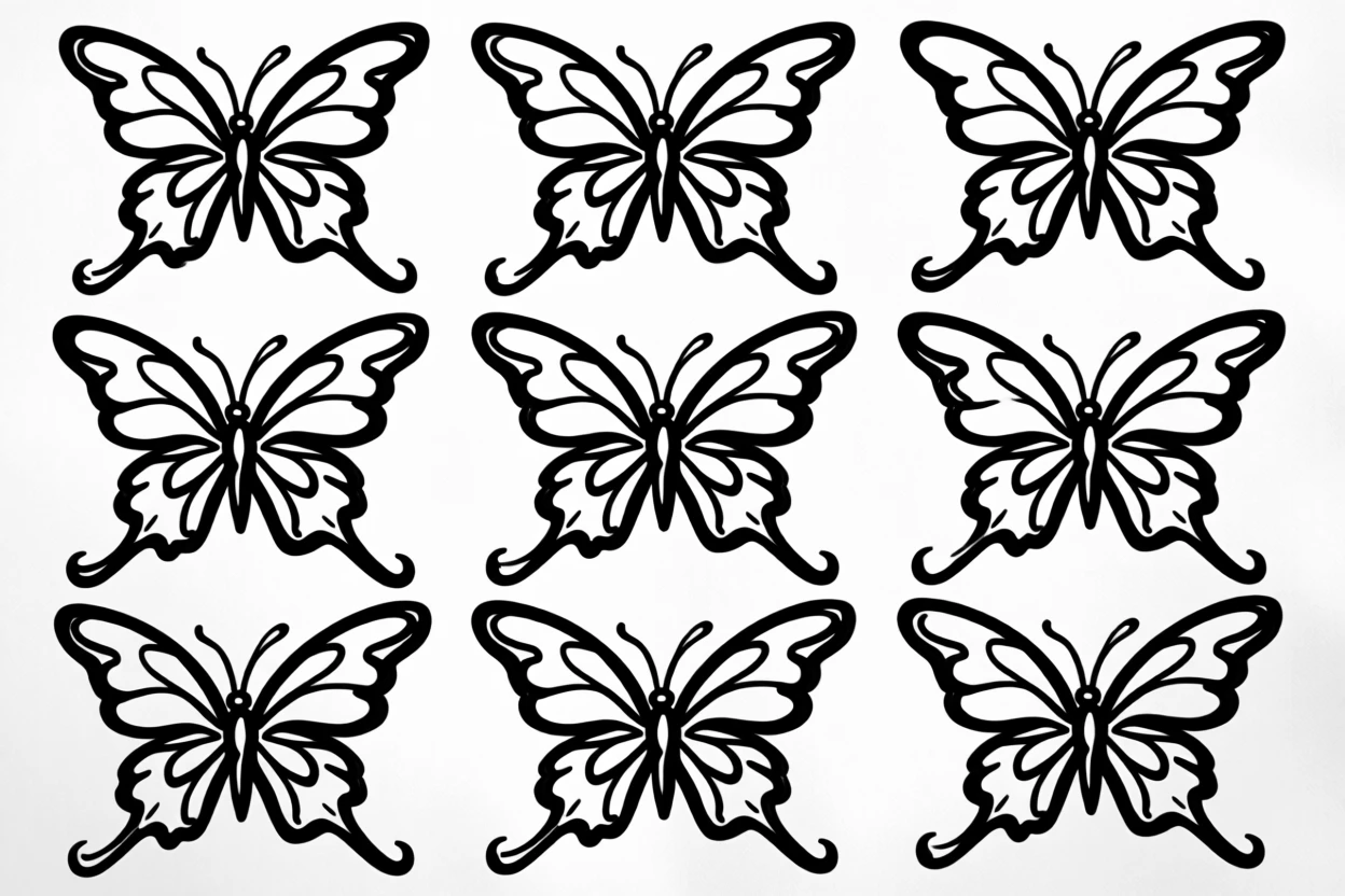 A collection of butterflies arranged in a symmetrical grid pattern.