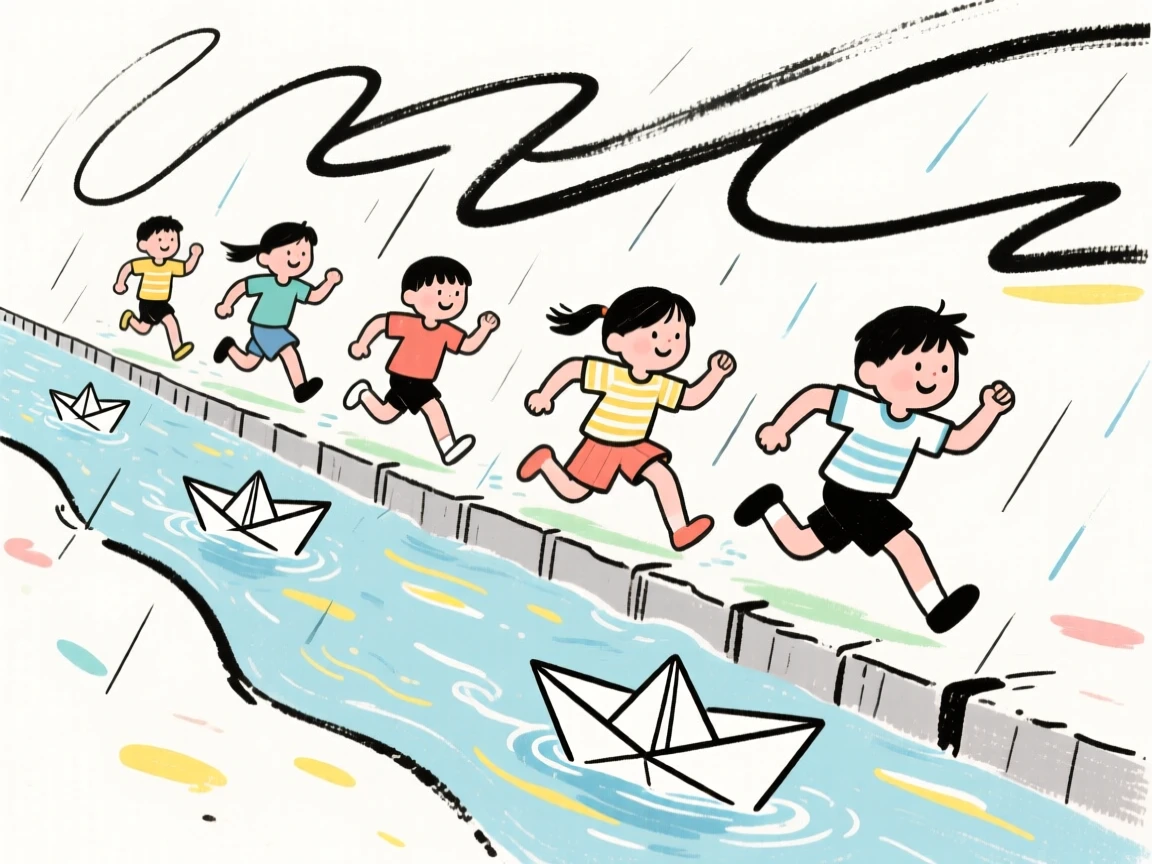 A group of kids racing paper boats down a rain gutter stream.