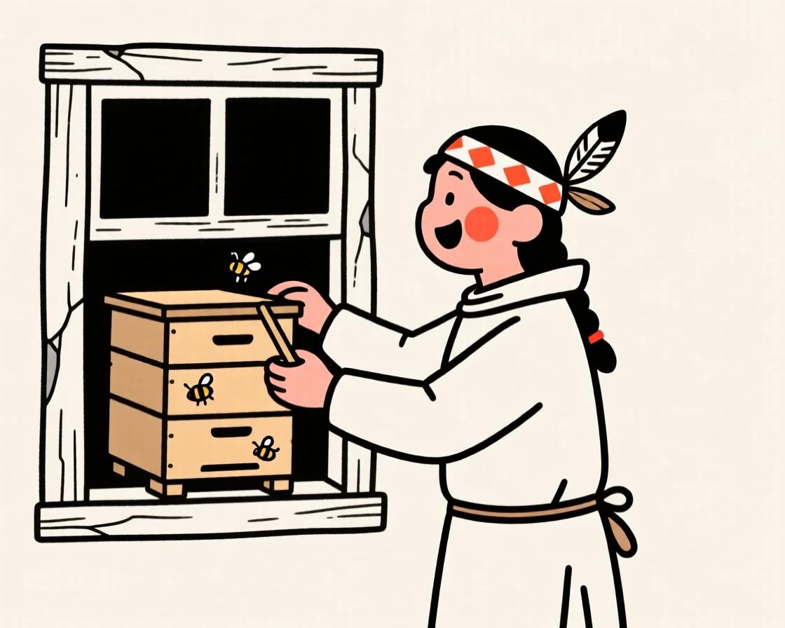 A beekeeper of native american heritage checking a hive, bursting with excitement, by a rustic farmhouse window.