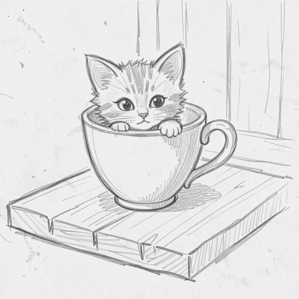 A tiny kitten peeking out of a teacup, on a warm porch step, with a playful, mischievous expression.