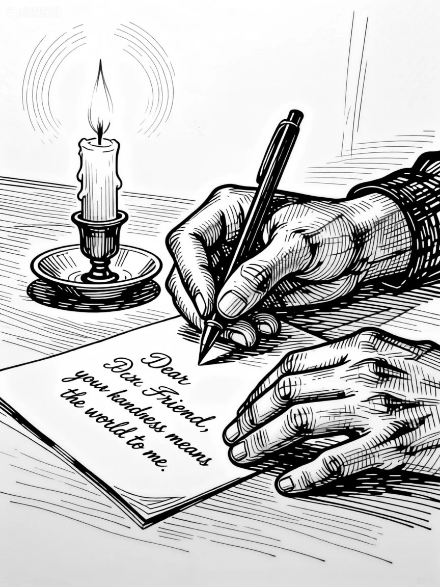 A pair of hands writing a heartfelt note by warm candlelight.