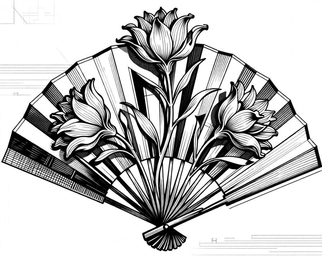 A fan-shaped arrangement of dried flowers arranged in flowing, organic symmetry, with graceful curves balanced by sharp geometric accents, forming a luxuriously detailed decorative composition.