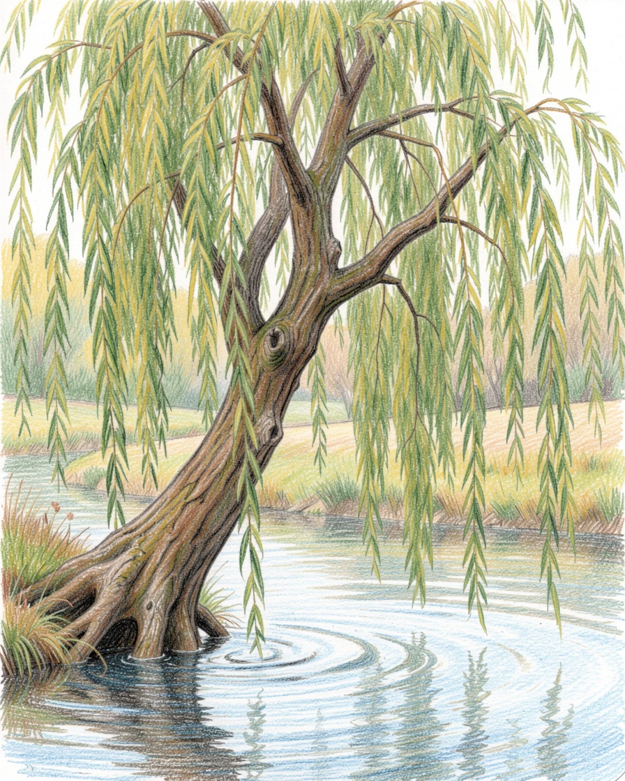 A pastoral riverside willow tree trailing branches into the water, framed thoughtfully to draw the eye toward the central subject, evoking warmth, beauty, and a lasting sense of wonder.