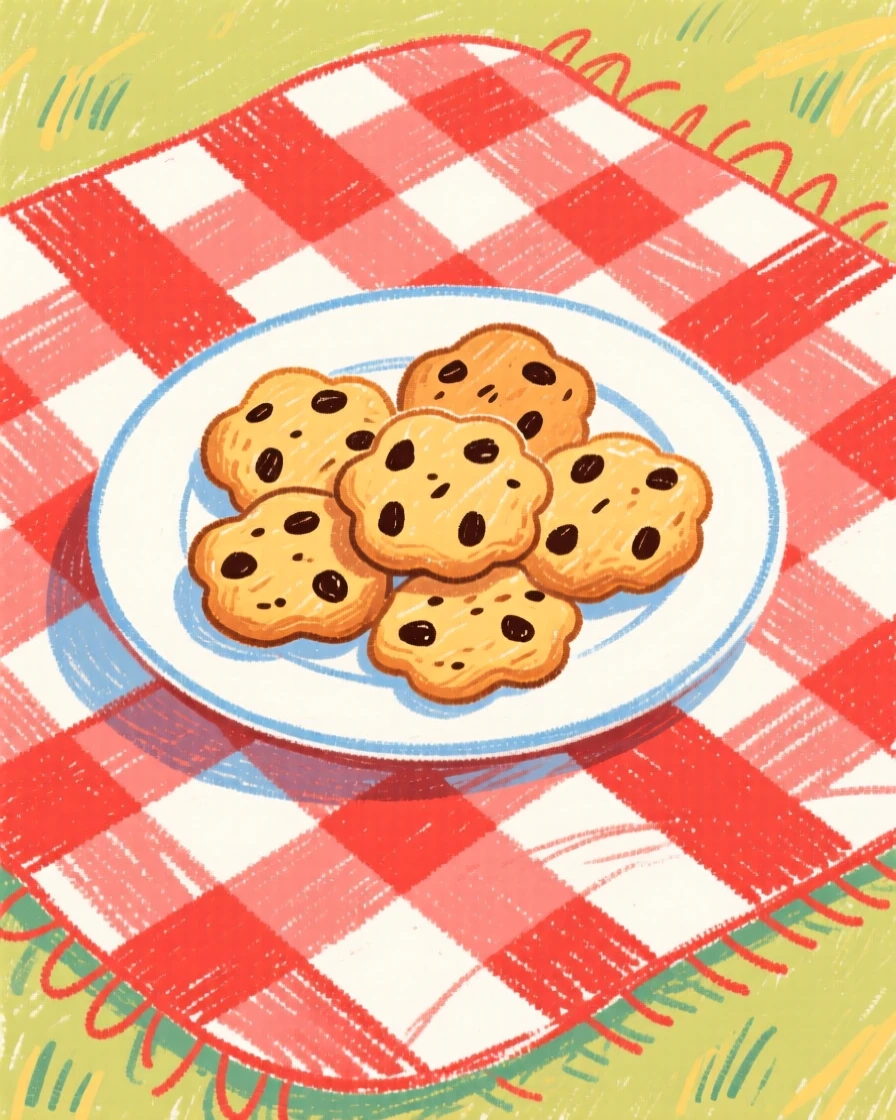 A plate of warm cookies resting on a checkered picnic blanket.