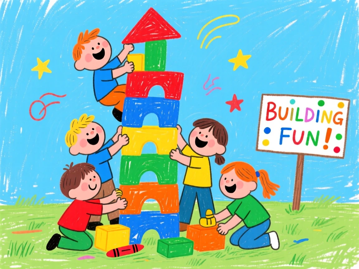 Students working together to build a tall tower of blocks.