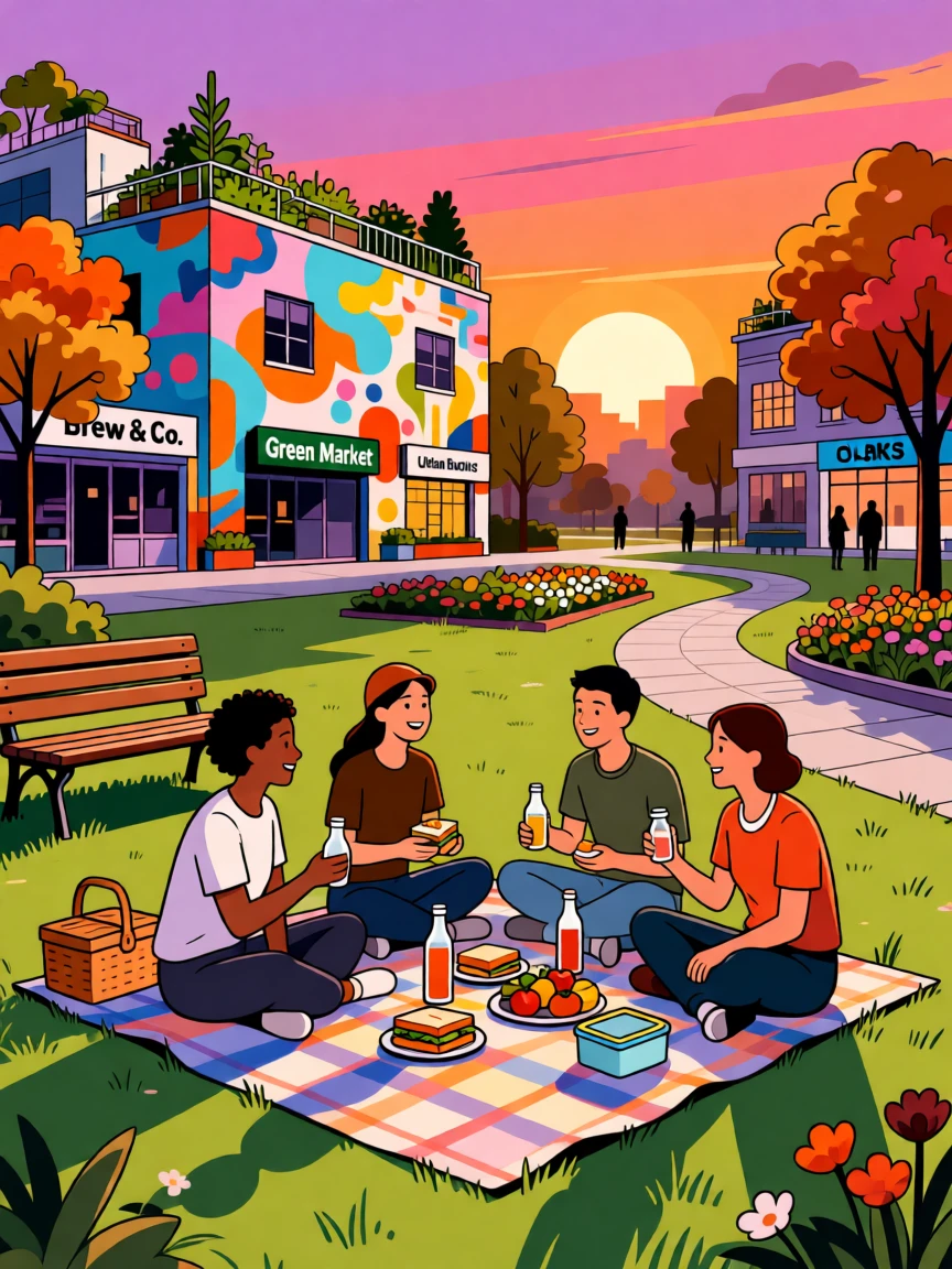 A group of friends enjoying a sunset picnic at an urban park, set within a vibrant, trendy urban neighborhood, framed with a cozy, inviting close perspective, with a sense of community and connection in every detail.