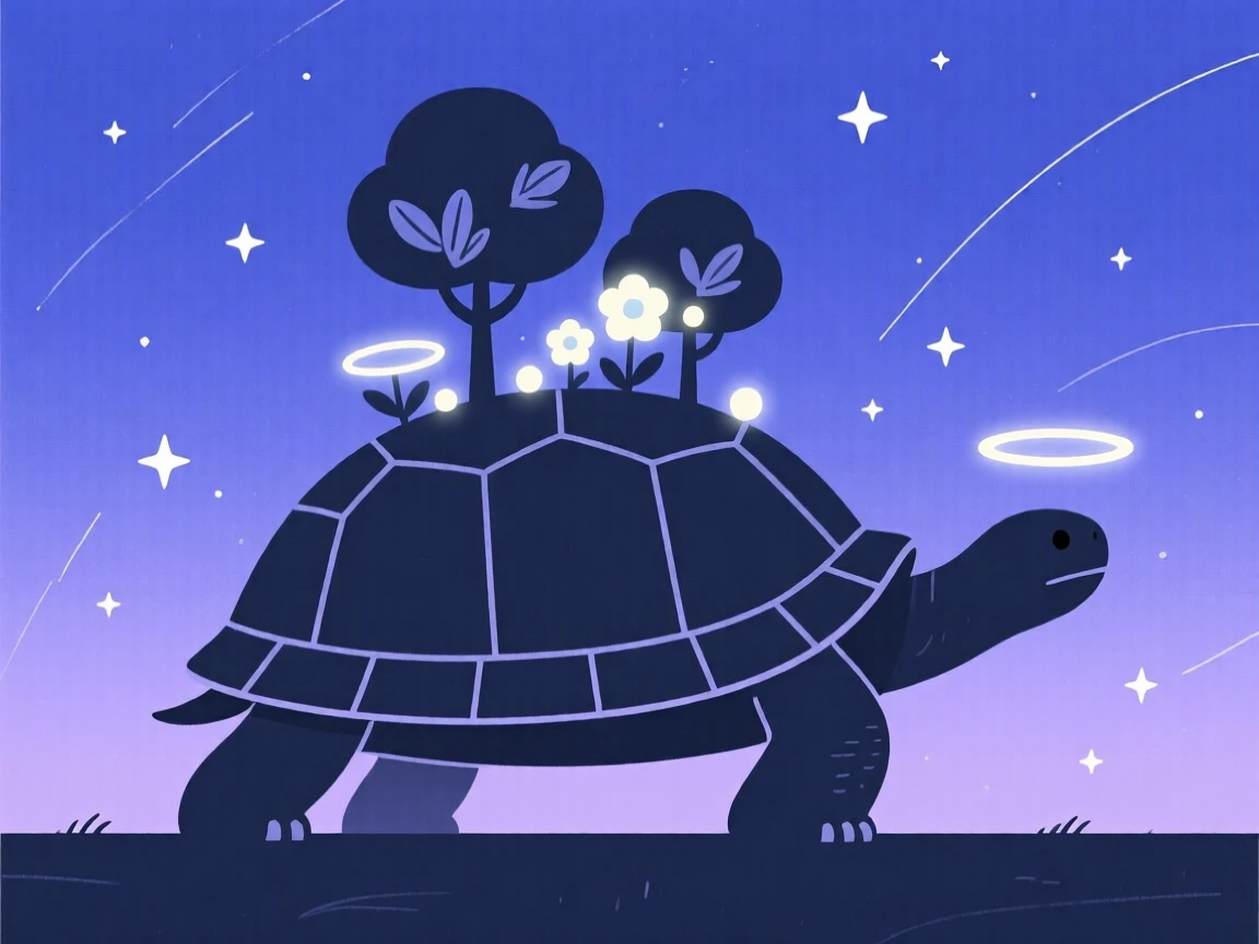A magical garden growing on the back of a giant tortoise nestled within a quiet dreamscape at twilight, glowing near softly falling stardust, full of boundless wonder.