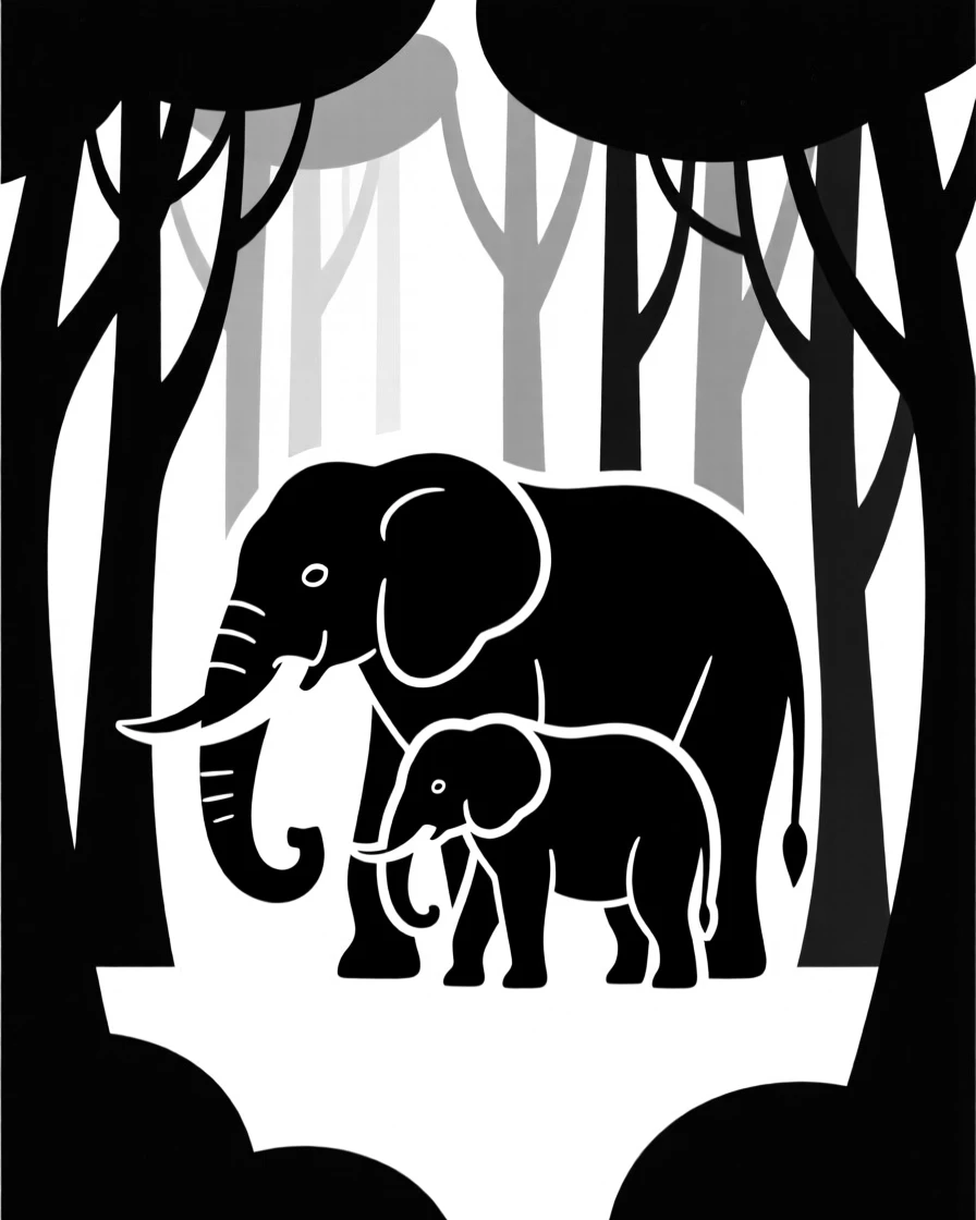 A family of elephants emerging from a dense forest.