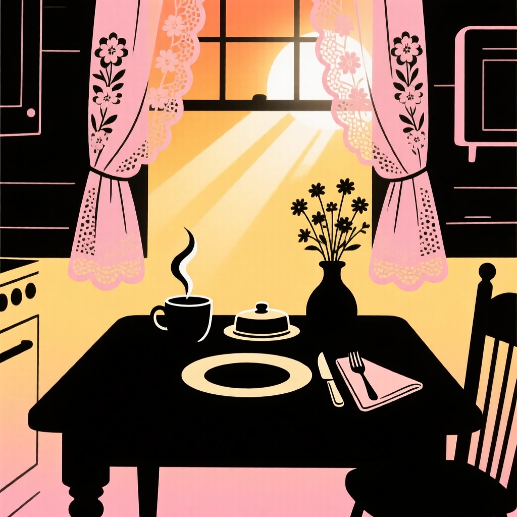 A quiet farmhouse table set for breakfast with sunlight streaming through lace curtains.