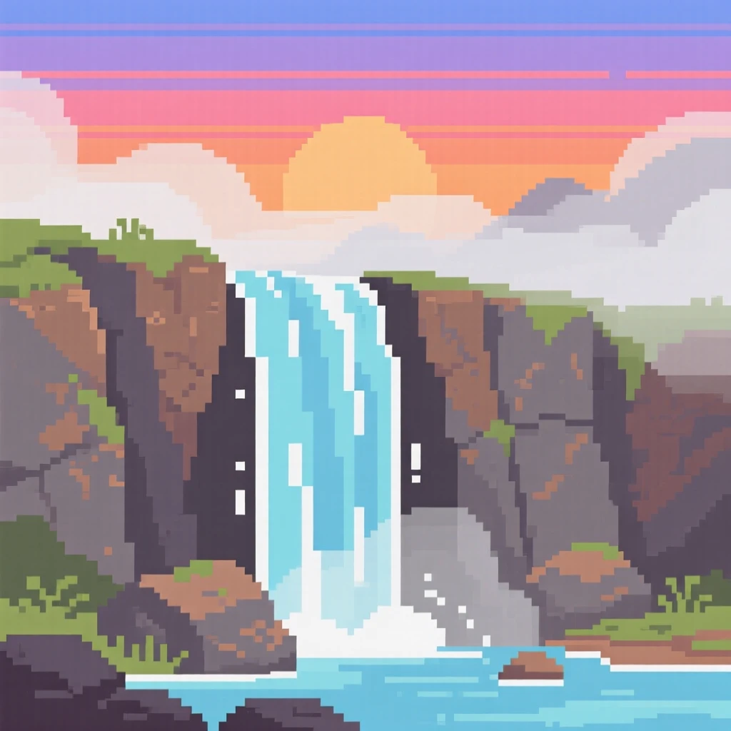 A quiet waterfall wrapped in a light morning mist, under a sky painted with the colors of sunset.