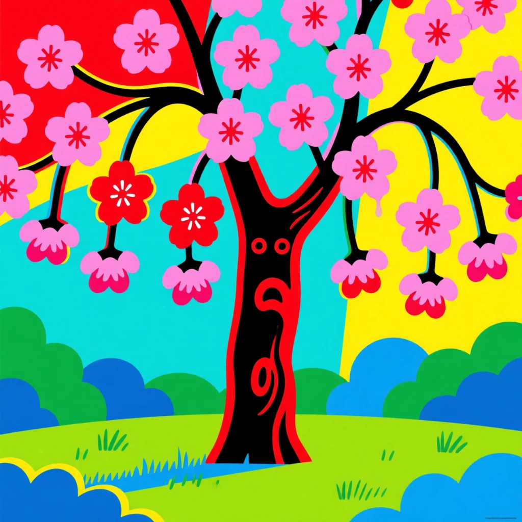 Weeping cherry tree in a quiet garden