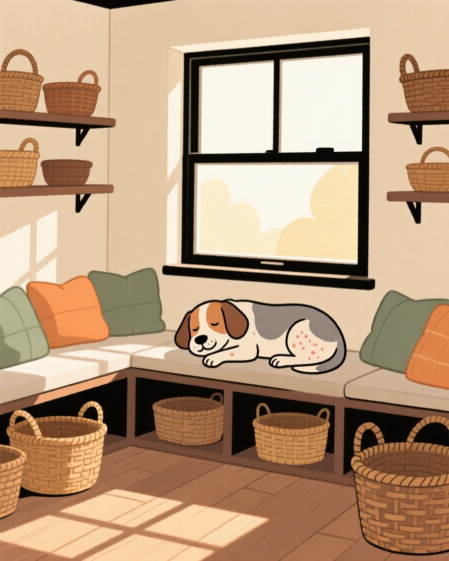 Morning light spills across a sunlit breakfast nook filled with woven baskets and soft cushions, where a old dog naps peacefully on the windowsill.
