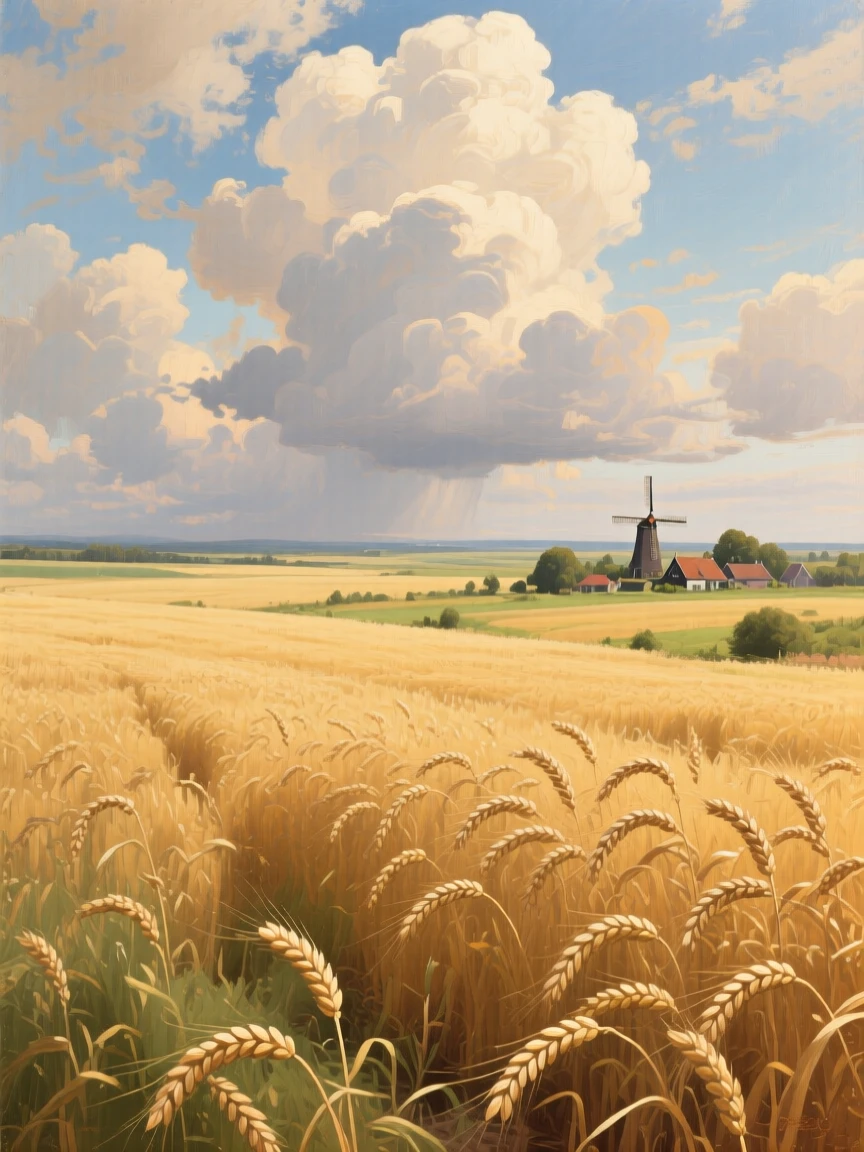 A grand panoramic scene of a vast wheat prairie under a dramatic sky filled with towering clouds, in the Dutch countryside, at the start of a humid summer, in bright warm sunshine.