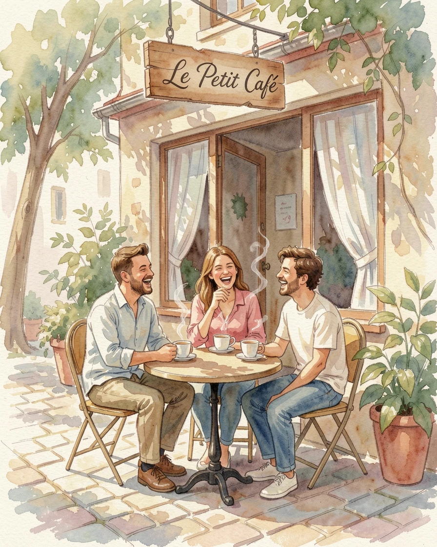 Friends laughing together over coffee at a sidewalk cafe with laughter echoing softly.