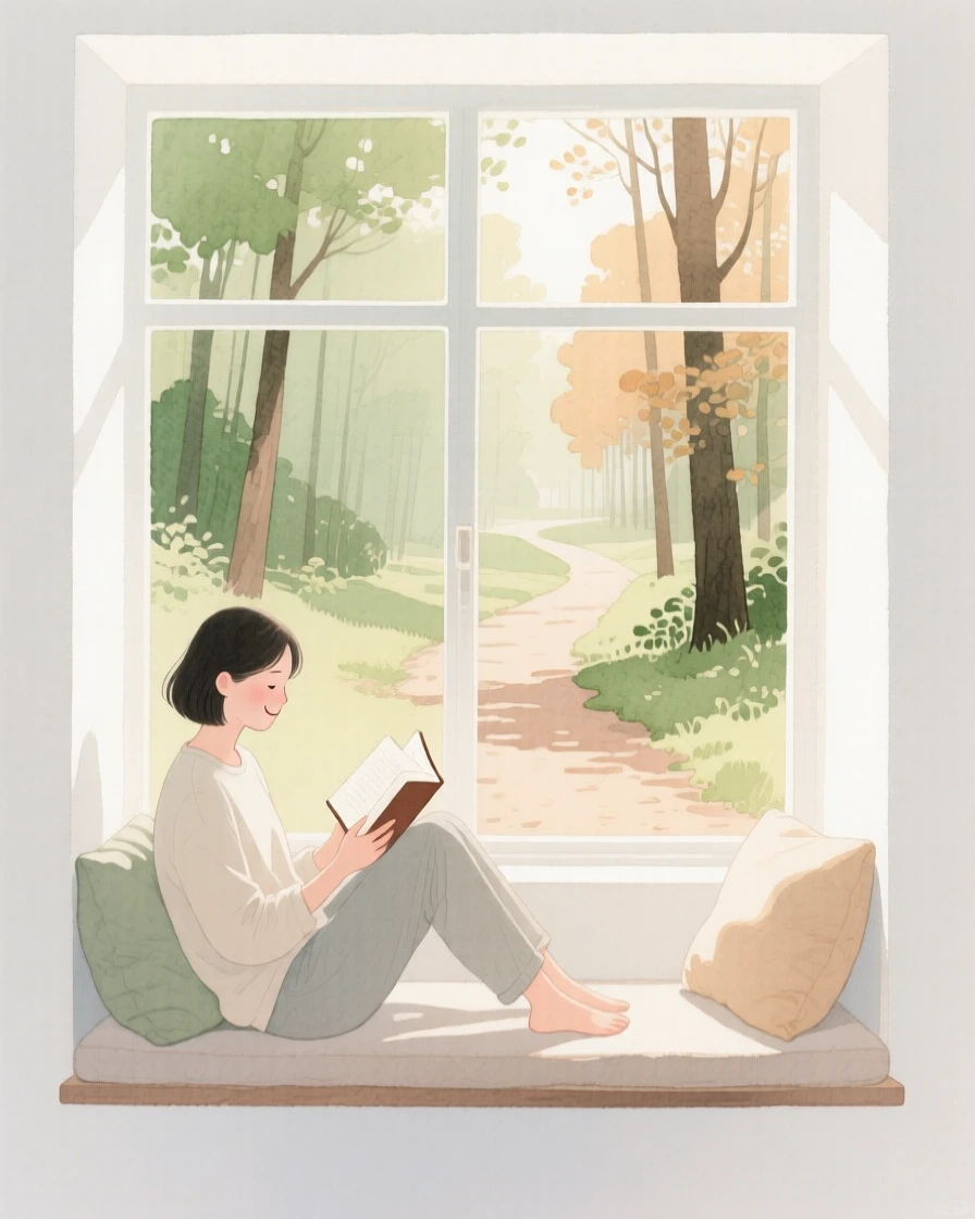 A peaceful scene of someone reading by a window on a peaceful morning trail, fully absorbed in a quiet, joyful moment