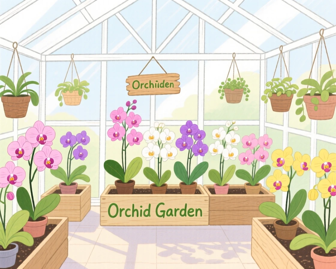 A peaceful view of a greenhouse full of blooming orchids.