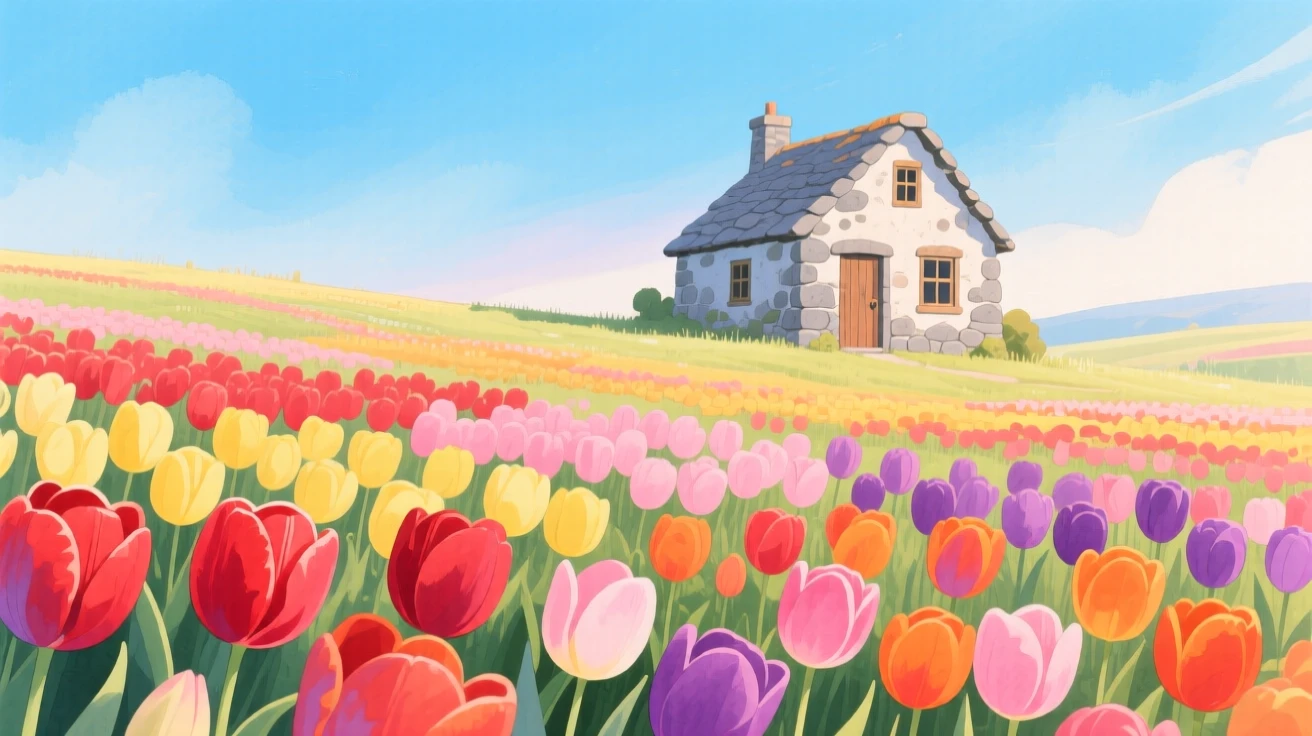A field of tulips in every color under a bright blue sky, with a small stone cottage nestled in the distance, filled with quiet majesty and stillness.