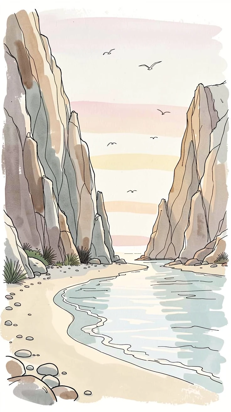 A secluded beach cove framed by towering sea stacks, birdsong drifting through the stillness of early morning.
