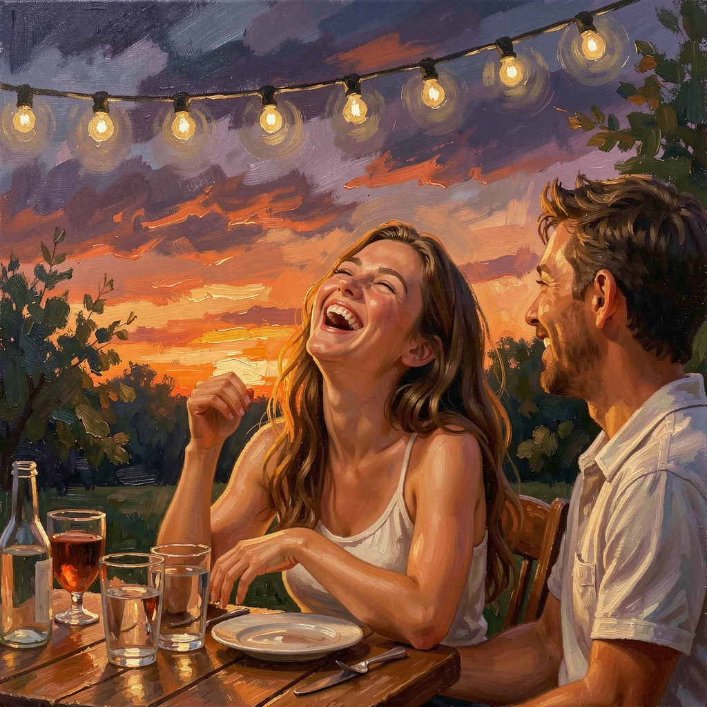 At sunset, colors deepening across the sky, a young woman laughing joyfully with her head tilted back, beneath the warm glow of string lights at an outdoor gathering, an easy, warm conversation with a companion.