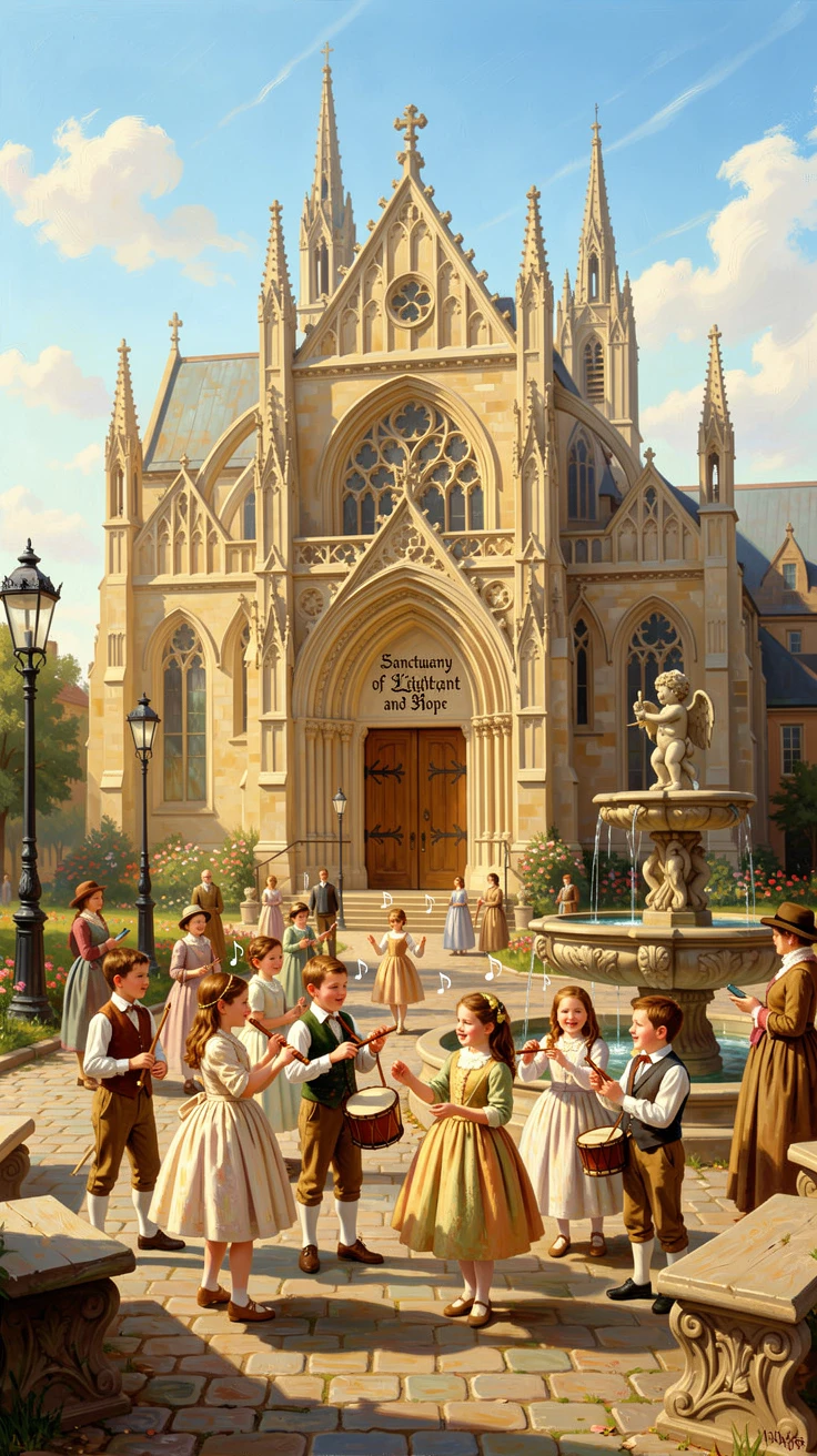 Children perform in a plaza before an ornate cathedral under a warm afternoon sun.