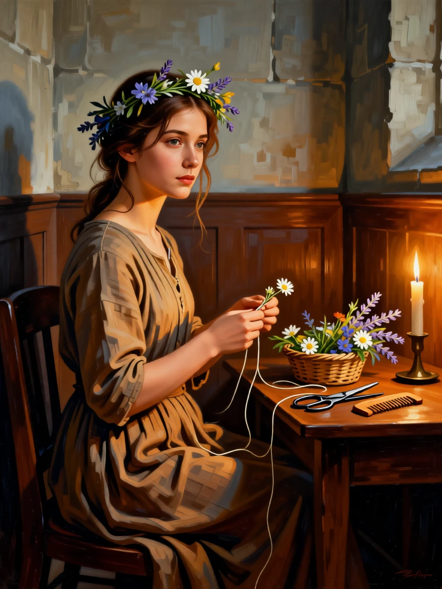 A shepherdess weaving a crown of wildflowers caught between one breath and the next, set in a candlelit chapel side room, with tools of the trade arranged carefully within reach; the pose is turned gently off-center for a natural, candid feel, conveying quiet dignity and inner life.