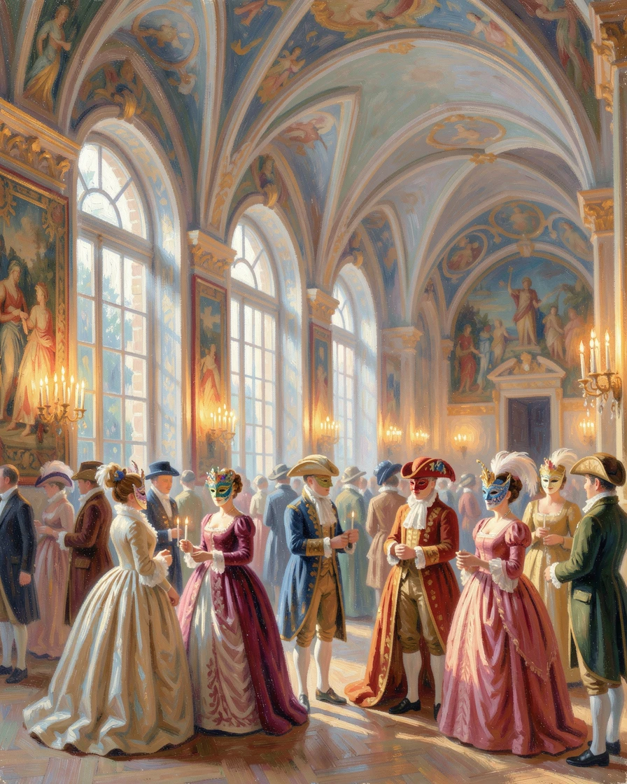 A grand Renaissance-era masquerade ball in a candlelit palace hall filled with elaborate costumes, as the first light of dawn breaks, radiating serenity and gentle stillness.