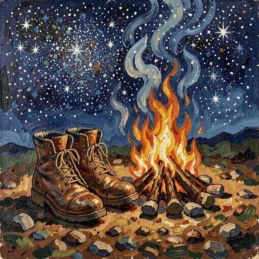 A pair of worn boots resting beside a crackling campfire under a blanket of stars.