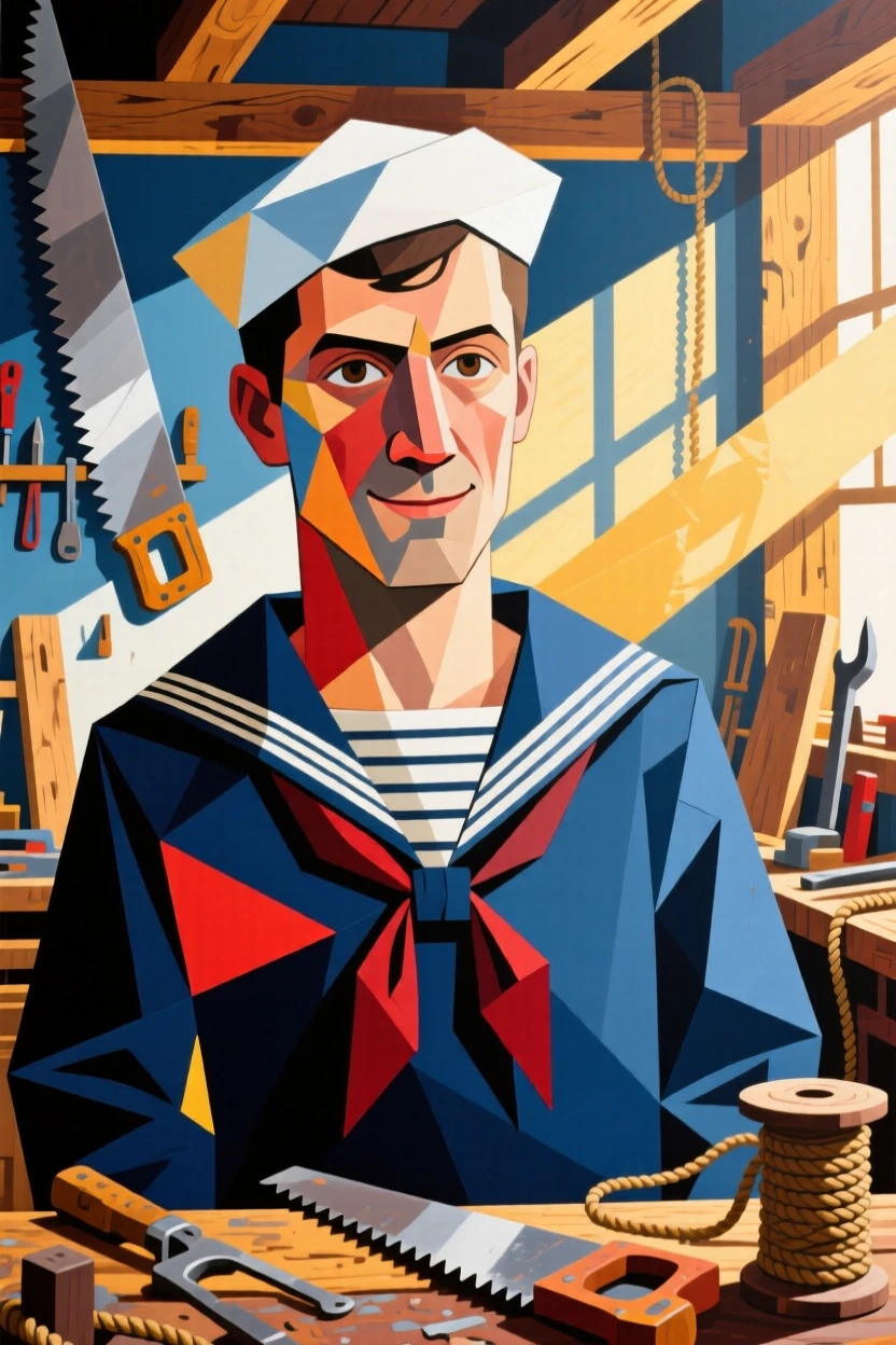 A medium shot portrait of a sailor in a sunlit workshop, focused and content in the craft.
