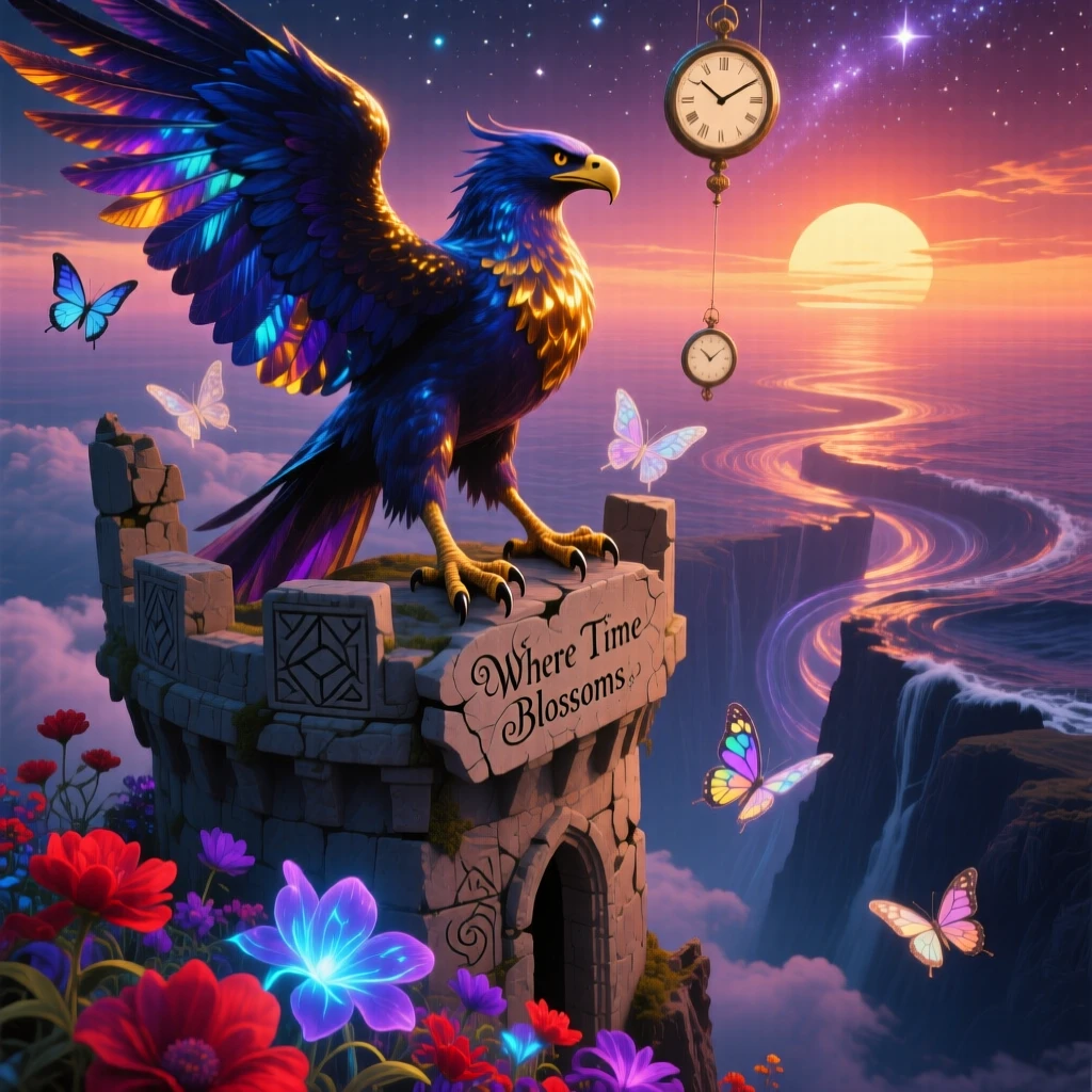 A griffin perched atop a crumbling tower at the edge of the world rests beneath the light of a slow, setting sun, as flowers bloom instinctively wherever it steps.