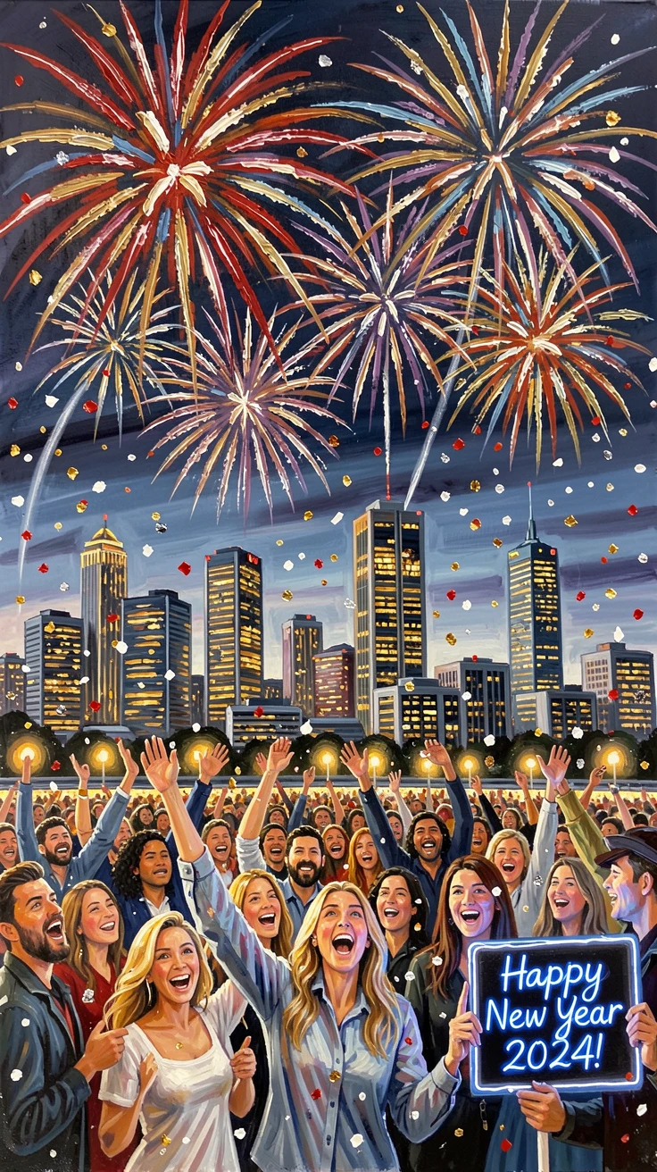 A festive New Year's Eve celebration shows fireworks bursting over a city skyline as crowds cheer beneath falling confetti, the scene capturing a fleeting, candid moment within a larger ongoing celebration.