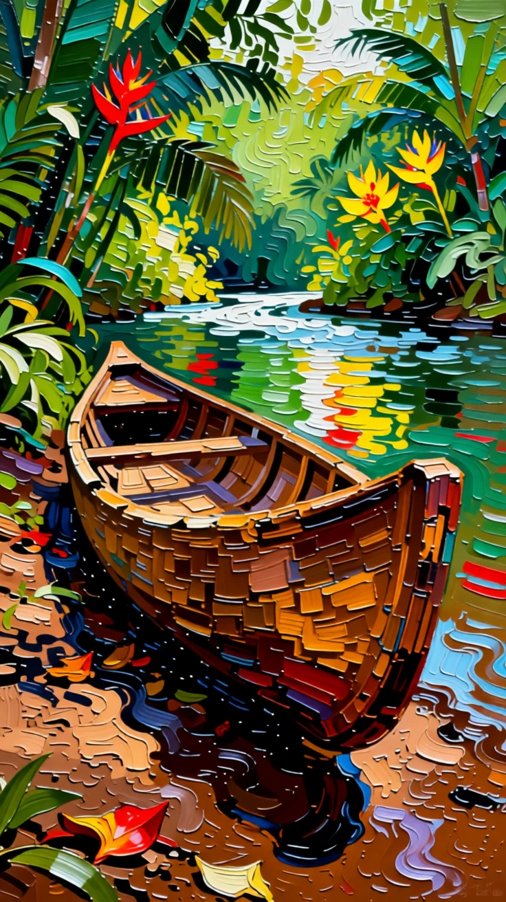 A traditional canoe carved from a single massive tree resting on a jungle riverbank